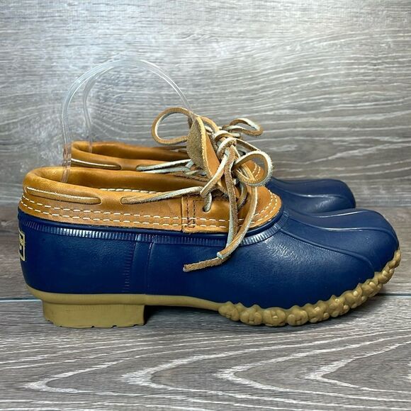 LL Bean Bean Boots Women’s Sz 6W Waterproof Tan Leather Navy Rubber Duck Boots - Picture 1 of 13